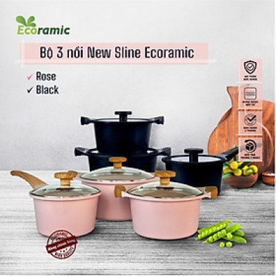 Bộ 3 Nồi Chống Dính Vân Đá Đáy Từ Ecoramic New Sline – Hợp Kim Nhôm Đúc, Phủ Nano Ceramic 6 Lớp – Dùng Mọi Loại Bếp (18–20–24cm)