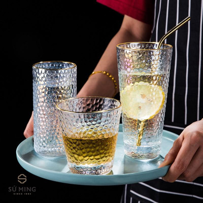 BỘ 6 CỐC THỦY TINH VIỀN VÀNG CAO CẤP | LY CHỊU NHIỆT DÁNG LOE, VÂN TRÁM DECOR SANG TRỌNG