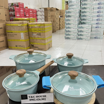 Bộ Nồi Chảo Chống Dính Đáy Từ 5 Món Ecoramic Quánh 16cm Nồi 18cm 20cm 22cm Chảo 20cm