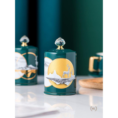 Lọ Đựng Tăm Xanh Sứ Hoa Văn Hươu Cao Cấp Vàng Kim 2022 | Hũ sứ có nắp đậy đính đá size To