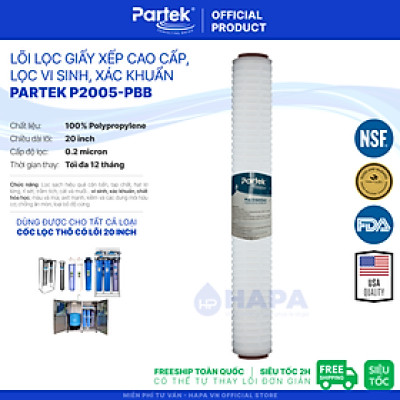 Lõi Lọc Xác Khuẩn Vi Sinh PARAGON P2005-PBB Cao Cấp PARTEK Lõi 20 inch Màng Giấy Xếp Ly Thẩm Thấu 0.2 Micron - Hàng Chính Hãng