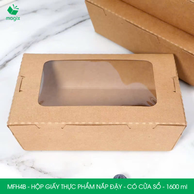 MFH4B - 1600ml - 25 hộp giấy kraft đựng thực phẩm, hộp giấy đựng thức ăn có cửa sổ, hộp đựng cơm