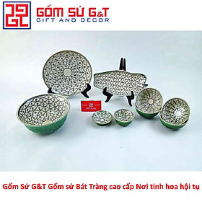 Bộ đồ ăn 4 người men xanh đồng vẽ hoa bèo Gốm Sứ G&T