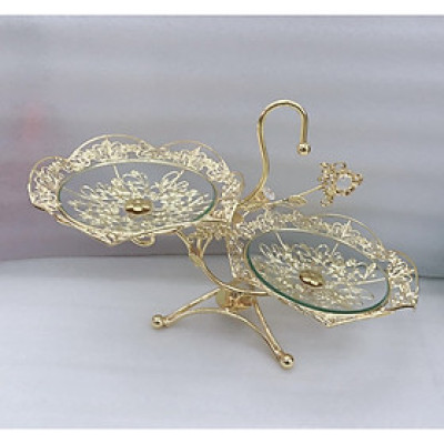 KHAY ĐỰNG BÁNH KẸO HOA QUẢ THỦY TINH 2 TẦNG KHUNG KIM LOẠI DÁNG NGANG - VD29