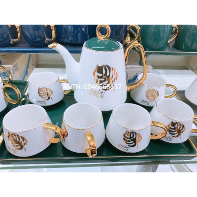 BỘ ẤM CHÉN PHA TRÀ CÀ PHÊ TRẮNG NẮP XANH HỌA TIẾT LÁ VÀNG KÈM KHAY SỨ XANH