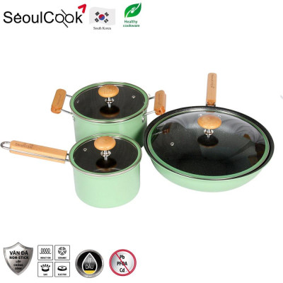 Seoulcook Luxury – Bộ 3 món nồi chảo đáy từ cao cấp Hàn Quốc, chống dính vân đá an toàn cho sức khỏe.