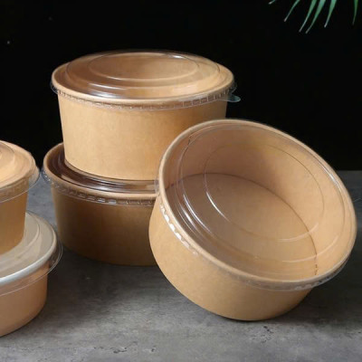 Tô giấy Kraft Salad nâu 750ml đựng thức ăn, salad, bánh bông lan có NẮP PET (PP) chịu nhiệt (set 50 cái)