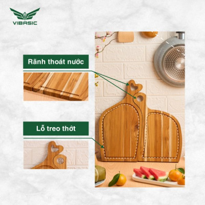 Bộ thớt Uyên Ương gỗ Teak kháng khuẩn không mùn dăm Vibasic 40x22x1.8cm và 34x22x1.8cm, cắt thái và trang trí món ăn