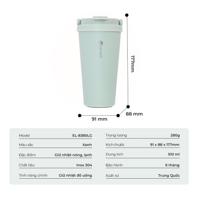 Ly giữ nhiệt inox 304 Elmich EL-8380 510ml, Hàng chính hãng, giữ nóng 8h giữ lạnh 23h - JoyMall
