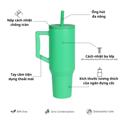 [Elemental chính hãng - Thương hiệu Mỹ] Ly giữ nhiệt Commuter Elemental 1180ml thép không gỉ có tay cầm combo ống hút trân châu
