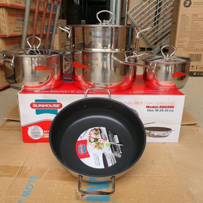 Bộ nồi chảo inox 5 đáy Sunhouse SHG995 dùng cho mọi loại bếp - Hàng chính hãng