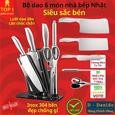 Bộ dao 6 món nhà bếp Nhật Bản Inox cao cấp - Chính hãng D Danido - Logo thân dao ngẫu nhiên
