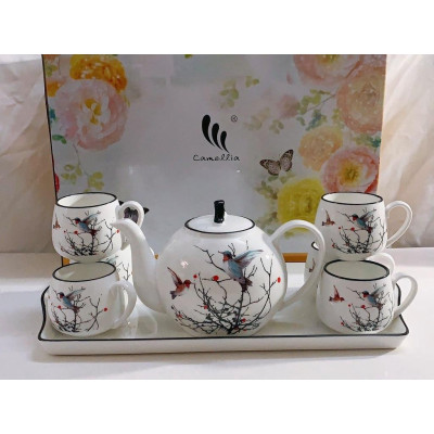 BỘ ẤM CHÉN PHA TRÀ KÈM KHAY SỨ HOA TIẾT HOA ( GIAO NGẪU NHIÊN )