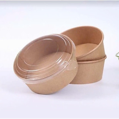Tô giấy Kraft Salad nâu 750ml đựng thức ăn, salad, bánh bông lan có NẮP PET (PP) chịu nhiệt (set 50 cái)