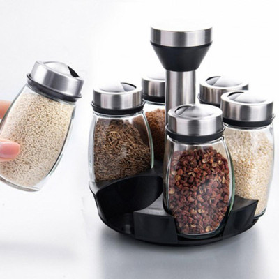 Bộ 6 Lọ Đựng Gia Vị Chất Liệu Thủy Tinh Kèm Đế Xoay 360 Tiện Lợi- TẠo Sang Trọng, Gọn Gàng Cho Căn Bếp