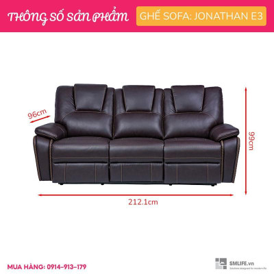 Ghế sofa 3 chỗ ngã lưng thư giãn bằng điện sang trọng SMLIFE Jonathan E3 | D212 x  R96 x C99cm | nâng hạ lưng ghế