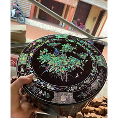 Tráp tròn gỗ gụ, khảm xà cừ ốc đỏ đẹp long lanh trang trí phòng khách  kt tròn 30 cao 12cm  