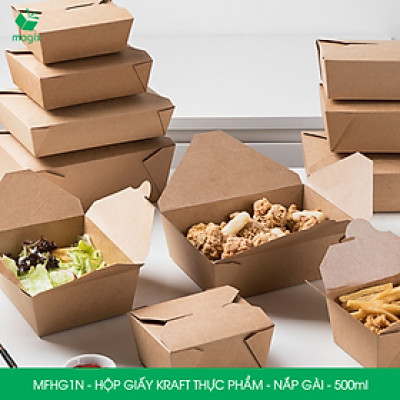 MFHG1N - 25 hộp giấy kraft thực phẩm 500ml, hộp giấy nắp gập màu nâu đựng thức ăn, hộp giấy nắp gài gói đồ ăn mang đi 