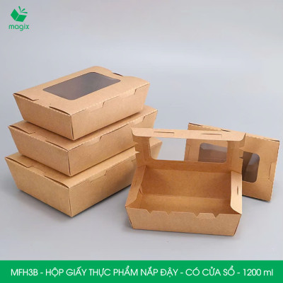 MFH3B - 1200ml - 100 hộp giấy kraft đựng thực phẩm, hộp giấy đựng thức ăn có cửa sổ, hộp đựng cơm