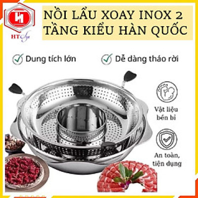 Nồi Lẩu Xoay, Nồi Lẩu Inox, Nồi Lầu 2 Tầng Phong Cách Hàn Quốc Size 32 - Hàng Nhập Khẩu