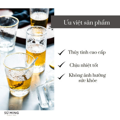 BỘ 6 CỐC THỦY TINH VIỀN VÀNG CAO CẤP | LY CHỊU NHIỆT DÁNG LOE, VÂN TRÁM DECOR SANG TRỌNG