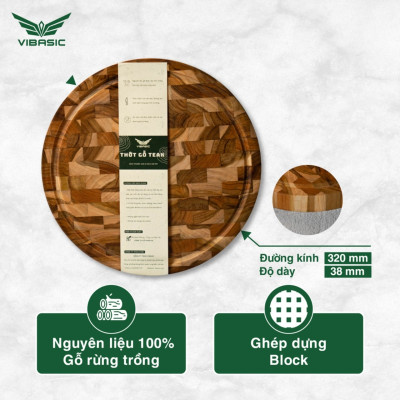 Thớt gỗ Teak Vibasic A80 phiên bản YÊU NƯỚC, thớt chặt ghép dựng block kích thước 320x38mm, khắc logo 80 năm 2/9