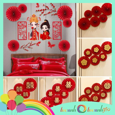 Bộ quạt giấy trang trí màu đỏ nhiều mẫu