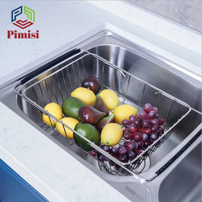 Rổ Inox 304 Chữ Nhật Gác Bồn Rửa Chén Pimisi Úp Bát Đĩa - Rau Củ Quả Với Thiết Kế Thông Minh Điều Chỉnh Độ Dài Co Giãn Chiều Dài Khay, Tay Nắm Kéo Từ Thép Không Gỉ SUS 304 - Với 4 Góc Vuông Bo Tròn Phù Hợp Với Mọi Chậu Rửa Bát  | Hàng Chính Hãng