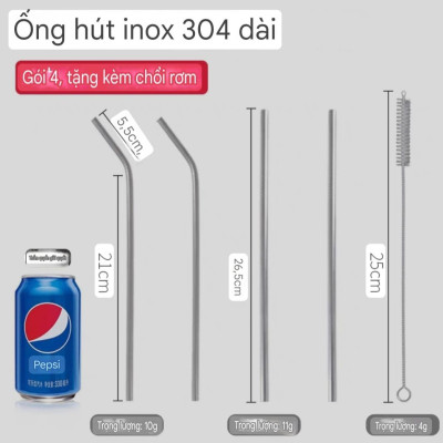 Bộ 4 Ống Hút Inox (Ống Hút inox sus 304) -Tặng cọ VS