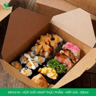 MFHG1N - 50 hộp giấy kraft thực phẩm 500ml, hộp giấy nắp gập màu nâu đựng thức ăn, hộp giấy nắp gài gói đồ ăn mang đi 