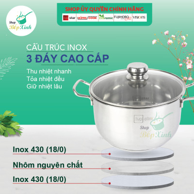 Bộ nồi xửng hấp bếp từ Fivestar 3 đáy nắp kiếng ( 24 cm ) ,TẶNG 1 VÁ CANH