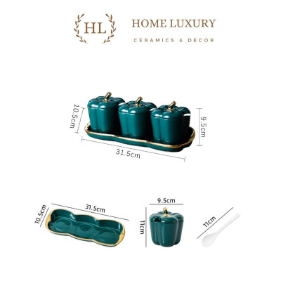 HŨ ĐỰNG GIA VỊ BẰNG SỨ KIỂU DÁNG ỚT CHUÔNG PHONG CÁCH VINTAGE | BỘ GIA VỊ SỨ 3 KÈM ĐẾ SỨ CAO CẤP KẺ CHỈ VÀNG KIM DECOR