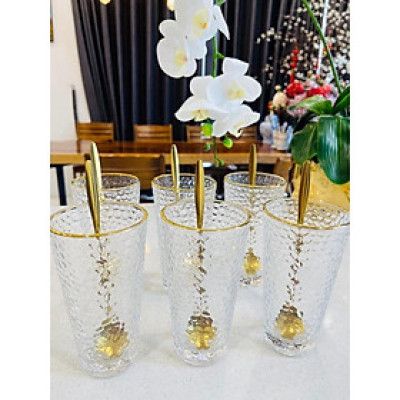 BỘ 6 CỐC UỐNG NƯỚC HOA QUẢ THỦY TINH CAO CẤP VÂN KIM CƯƠNG SANG TRỌNG ( CỐC CAO 0