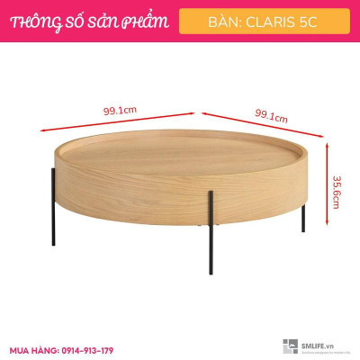 Bàn sofa tròn gỗ sồi sang trọng SMLIFE Claris 5C | D99,1 x R99,1 x C35,6cm | gỗ Cao Su và Veneer Sồi