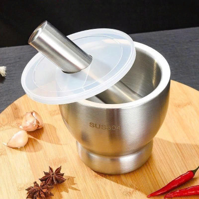 Cối Chày Inox 304  Có Nắp Đậy Cao Cấp – Giã Tỏi Ớt, Gia Vị, Thực Phẩm Nhanh Chóng, Sạch Sẽ Size 10cm