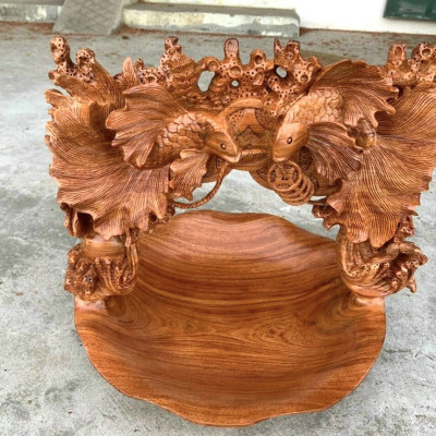 Giỏ đựng hoa quả khắc cặp cá vàng bằng gỗ hương đá kt 35×43×37cm