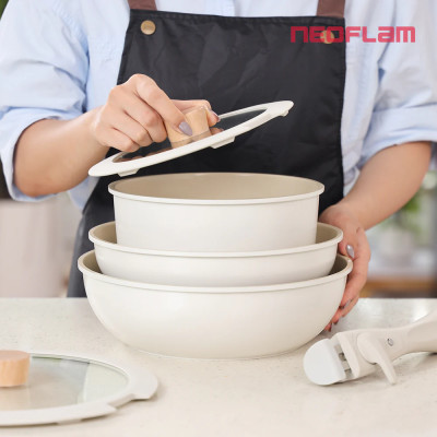 Bộ 3 nồi chảo cán rời Neoflam Hàn Quốc.Bao gồm, nồi 20cm, chảo chiên 24cm, chảo xào đa năng 26cm.