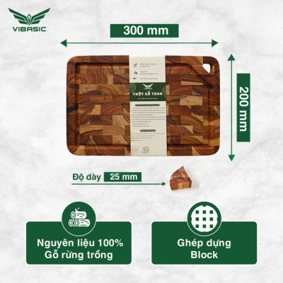 Thớt gỗ Teak Vibasic A80 phiên bản YÊU NƯỚC, ghép dựng block kích thước 350x250x27mm có lỗ treo, khắc logo 80 năm 2/9