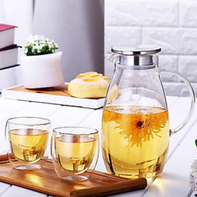 (SẴN) Combo 1 bình bầu 1.6L + 2 cốc 2 lớp 250ml, bộ bình cốc thủy tinh cao cấp, bình thủy tinh chịu nhiệt k chì