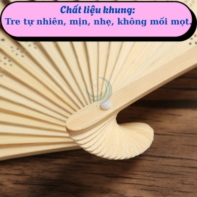 Quạt cầm tay cán tre hình hoa đào truyền thống 38x21cm- Quạt tay vải lụa cán tre- Quạt gấp họa tiết hoa mai phong cách Á Đông- Quạt trang trí thủ công vintage- Quạt tay cổ điển in hoa nghệ thuật