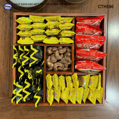 Khay Bánh Kẹo Mứt Tết Gỗ Hương Nắp Kính Vuông Trong Suốt Thiết Kế Trang Trọng - CTH590