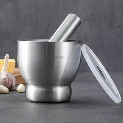 Cối Chày Inox 304 Cao Cấp , Đâm Tiêu , Giã Tỏi, Giã Cua, Có Nắp Đậy, Đế Chống Trượt , Size 10cm 