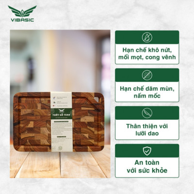 Thớt gỗ Teak Vibasic A80 phiên bản YÊU NƯỚC, ghép dựng block kích thước 350x250x27mm có lỗ treo, khắc logo 80 năm 2/9