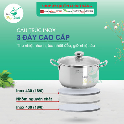 Bộ nồi xửng hấp inox và chảo chống dính FIVESTAR Standard 3 đáy 6 chiếc inox 430 nắp kính dùng được bếp từ , hồng ngoại