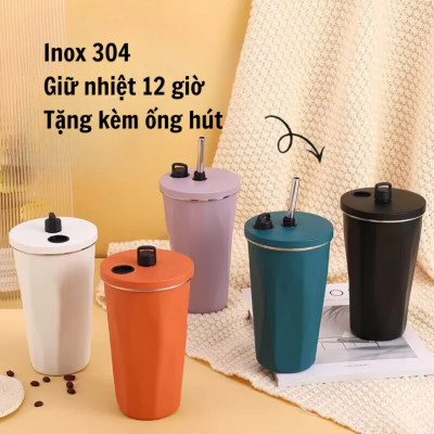 Cốc Giữ Nhiệt Cao Cấp Trơn 600ml, Ly Giữ Nhiệt Kèm Ống Hút Có Núm Đậy Kèm Túi Trong Suốt Tiện Lợi - HÀNG CHÍNH HÃNG MINIIN