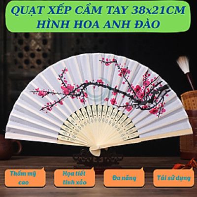Quạt cầm tay cán tre hình hoa đào truyền thống 38x21cm- Quạt tay vải lụa cán tre- Quạt gấp họa tiết hoa mai phong cách Á Đông- Quạt trang trí thủ công vintage- Quạt tay cổ điển in hoa nghệ thuật