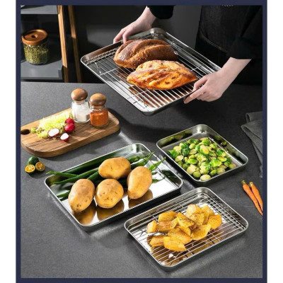 Khay Nướng Inox 304 Dày Dặn Kèm Vỉ Hấp Hình Chữ Nhật Dùng Nướng Bánh, Thực Phẩm - HÀNG CHÍNH HÃNG MINIIN