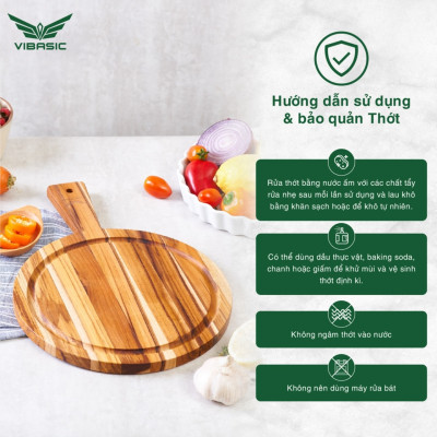 Thớt Gỗ Teak kháng khuẩn Vibasic hình tròn có tay cầm kích thước 25x1.8cm - Hàng chính hãng Bộ Quốc Phòng
