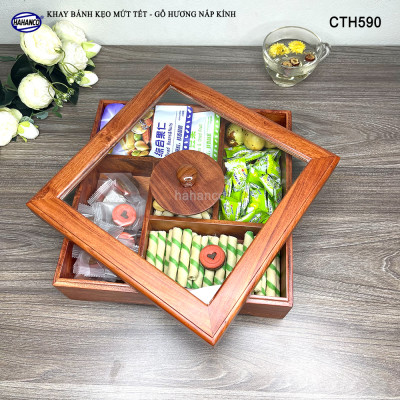 Khay Bánh Kẹo Mứt Tết Gỗ Hương Nắp Kính Vuông Trong Suốt Thiết Kế Trang Trọng - CTH590