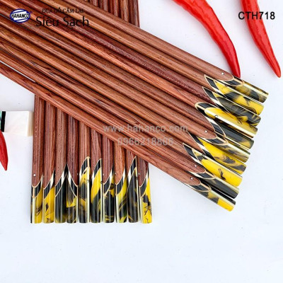 Đũa gỗ Cẩm lai đầu cẩn thạch chéo vân kẻ vàng (10 đôi/Hộp) CTH718 - Sang trọng trên bàn ăn - An toàn cho sức khỏe